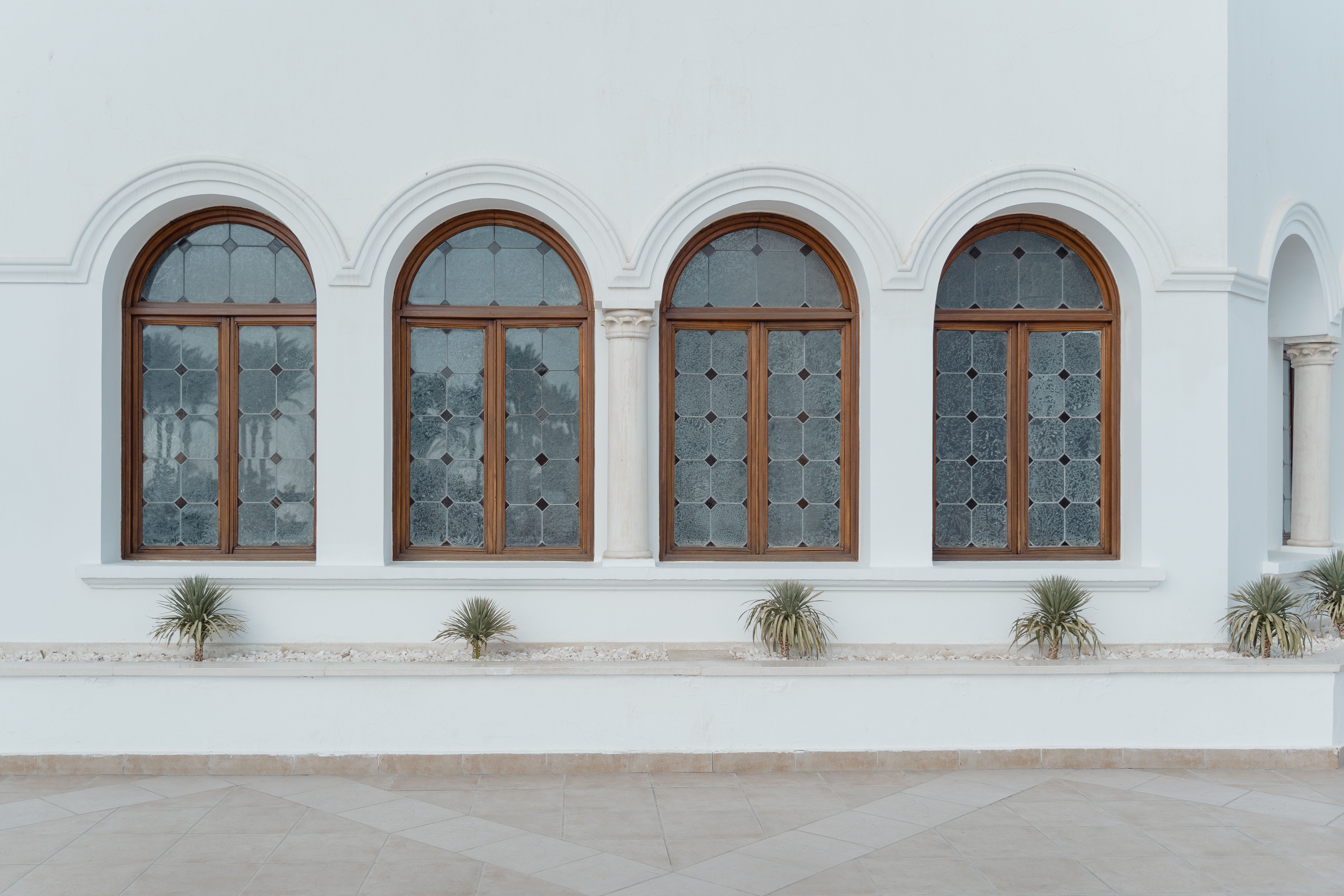 Wood-framed arched windows